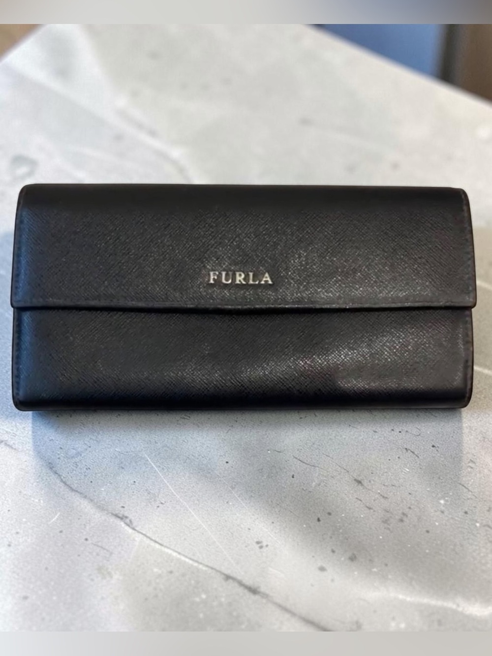 Furla Black Saffiano Leather Long Clutch Wallet with Gold Logo